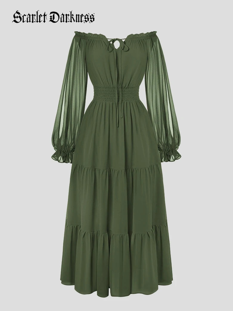 Scarlet Darkness Renaissance Chiffon Sleeve Elastic Waist Pocket Dress