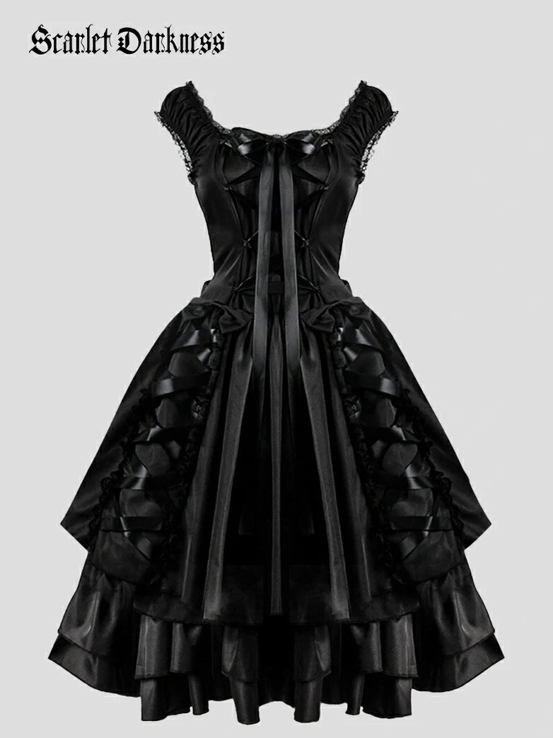 Scarlet Darkness Satin Laces Women Victoria Black Gothic Dress