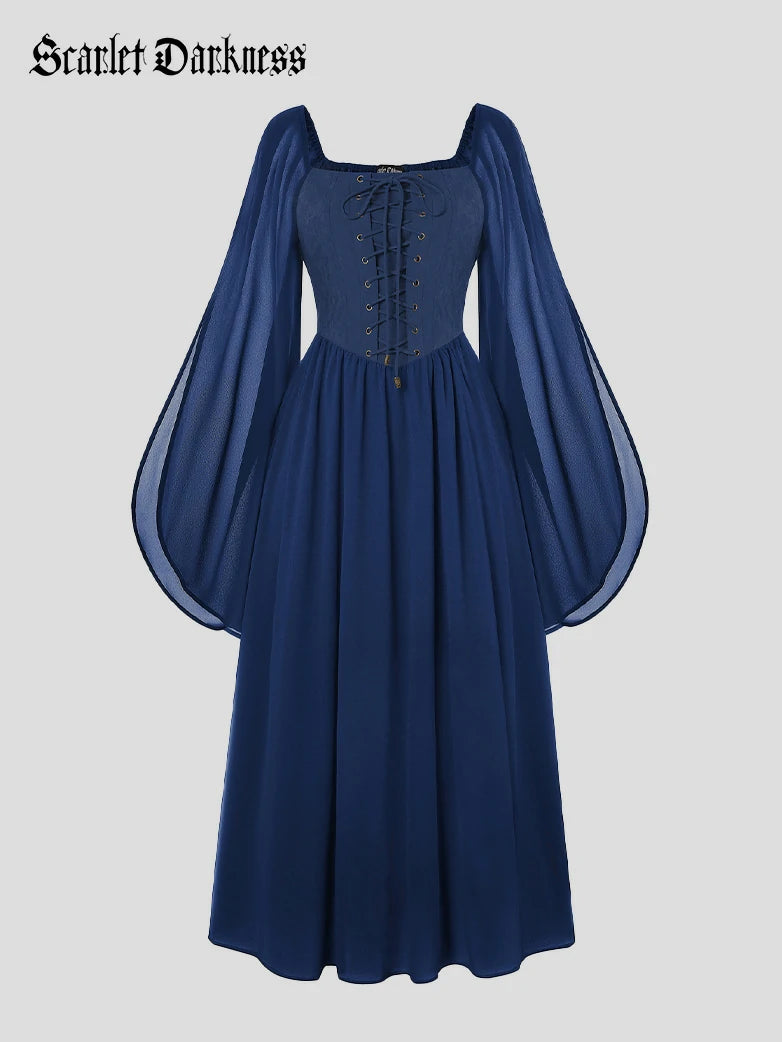 Scarlet Darkness Renaissance Corset Dress Contrast Slit Sleeve Pocket Dress
