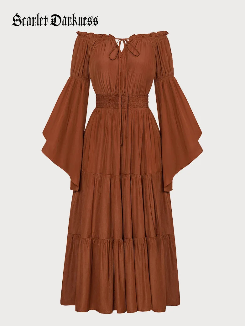 Scarlet Darkness Women Tiered Maxi Dress Off-Shoulder Pocket Dress
