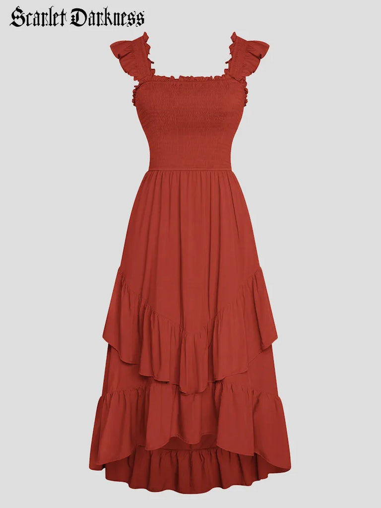 Women Renaissance Sleeveless Pocket Ruffle High-Lo Dress SCARLET DARKNESS