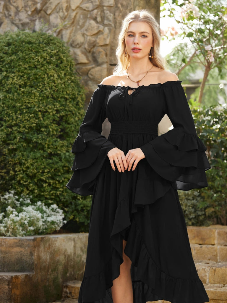 SCARLET DARKNESS Renaissance jurken voor dames, offshoulder, lange mouwen, onregelmatige zoom, middeleeuwse jurk, Zwart, XXL