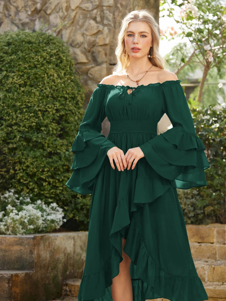 Scarlet Darkness Women Renaissance Off Shoulder High-Lo Pocket Dress Green Scarlet Darkness Women Renaissance Off Shoulder High-Lo Pocket Dress Green