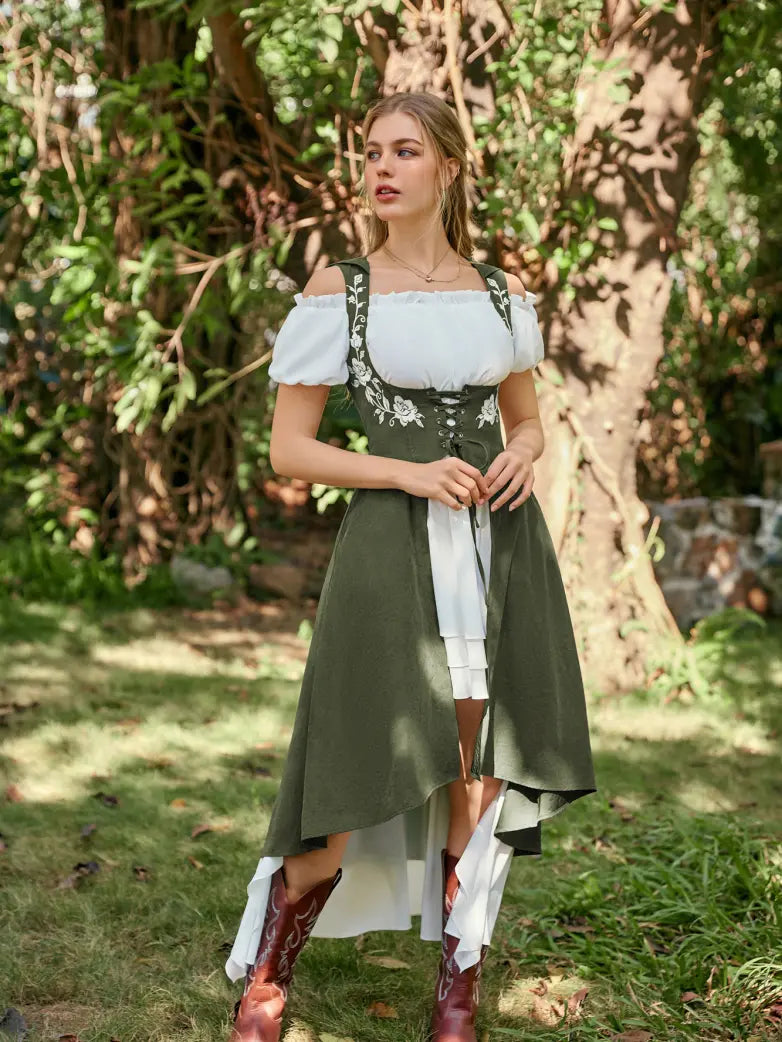 Scarlet Darkness Renaissance Warrior Rose-embroidered Hooded Vest Dress