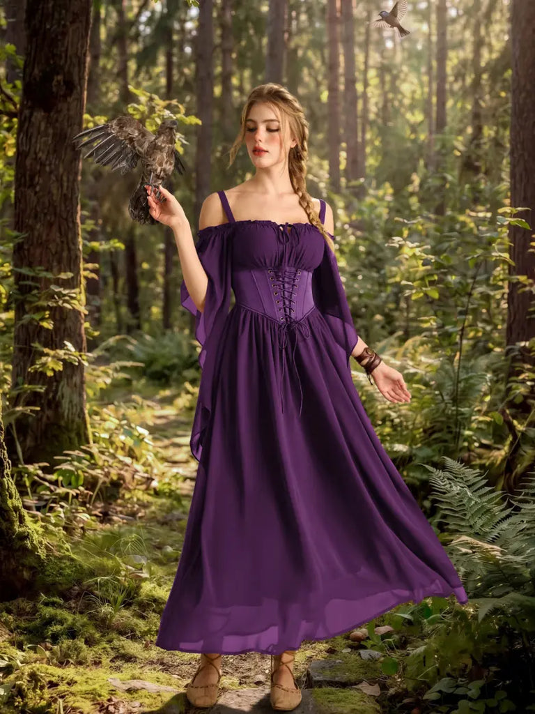 Scarlet Darkness Renaissance Off‑Shoulder Chiffon Bell Sleeve Dress