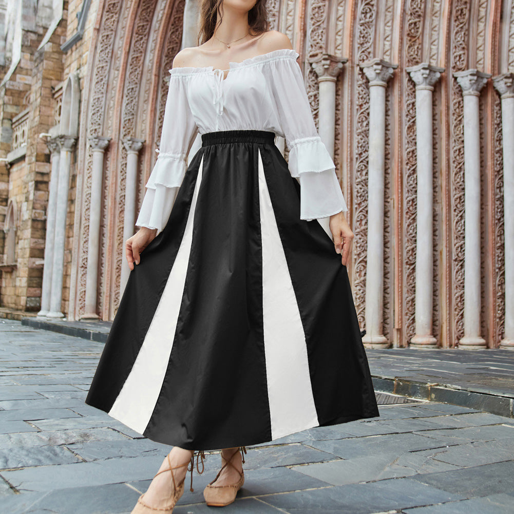 Women Patchwork Skirt Elastic Waist A-Line Maxi Skirt SCARLET DARKNESS