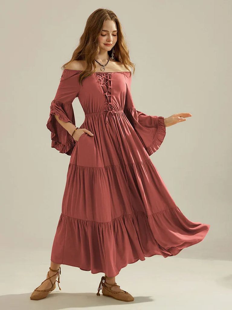 Renaissance Off Shoulder Dress Front Slit A-Line Dress SCARLET DARKNESS