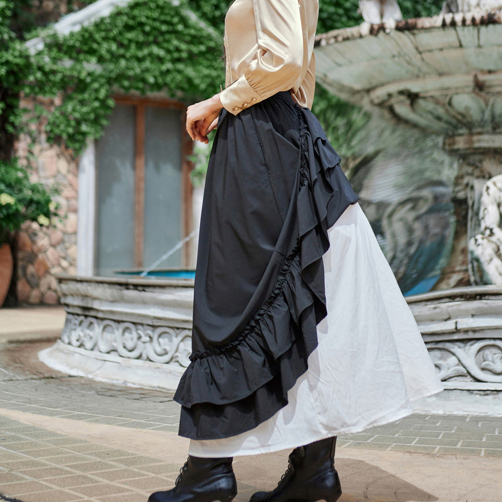 Victorian Dual Layer Ruffled Hem Back Adjustable Skirt SCARLET DARKNESS