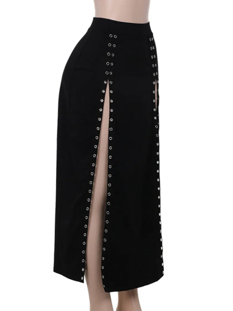 Punk Sexy Double Row Eyelet High Slit Skirt for Women SCARLET DARKNESS