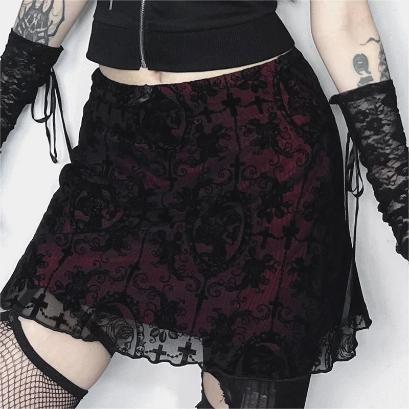 2024 Gothic Women Flocked Double Layer Mini Skirt SCARLET DARKNESS