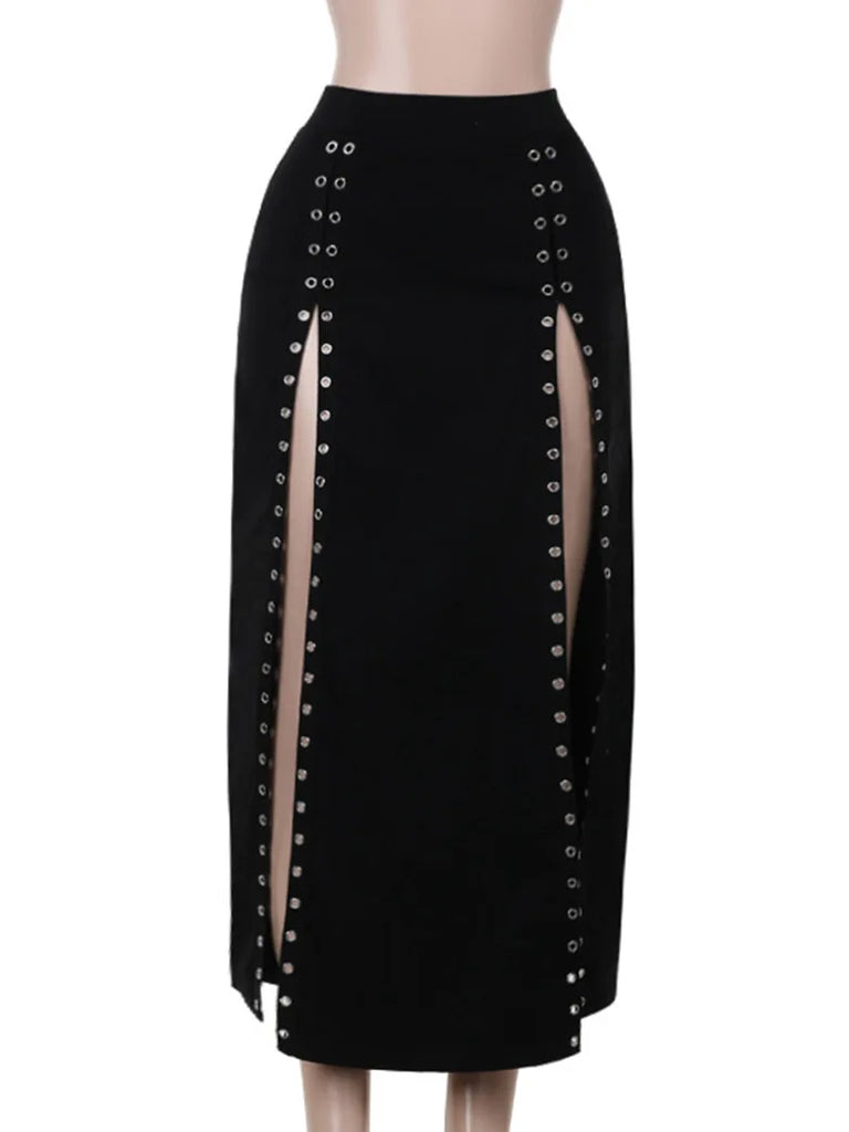 Punk Sexy Double Row Eyelet High Slit Skirt for Women SCARLET DARKNESS