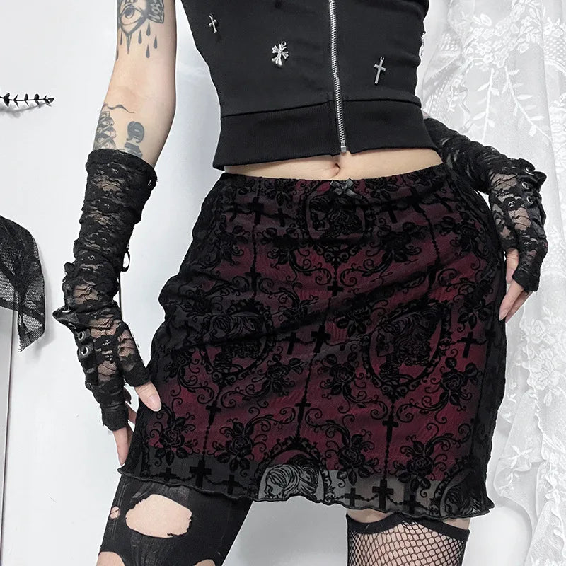 2024 Gothic Women Flocked Double Layer Mini Skirt SCARLET DARKNESS