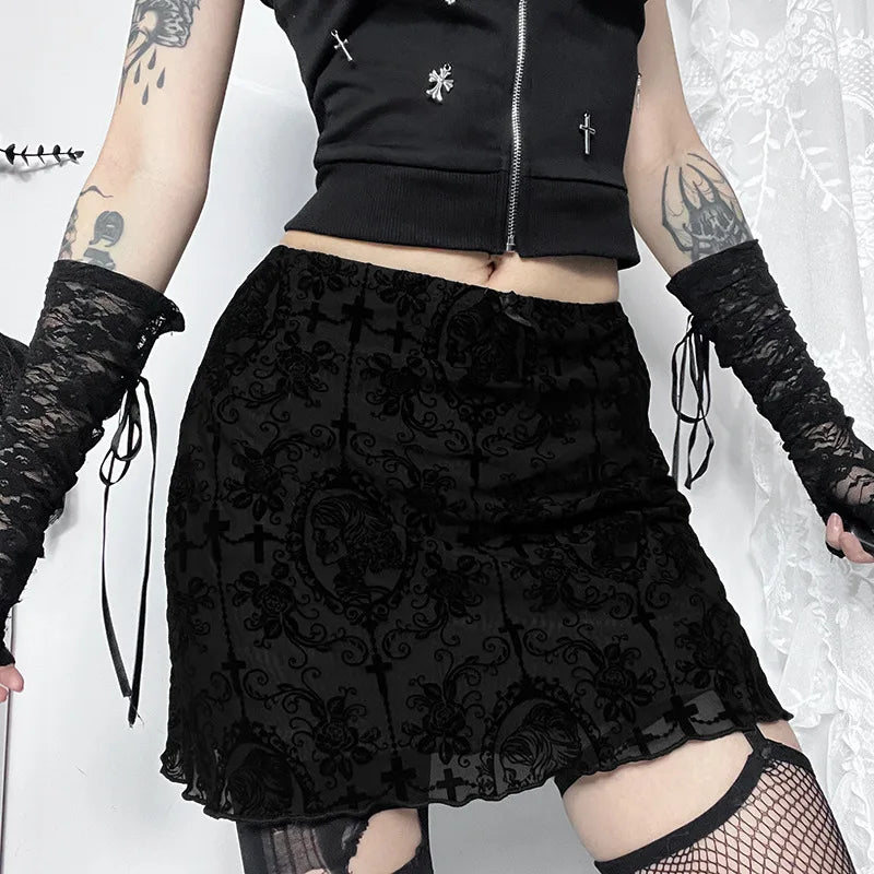 2024 Gothic Women Flocked Double Layer Mini Skirt SCARLET DARKNESS