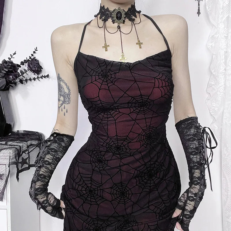 Goth Sexy Swing Collar Backless Bodycon Suspender Dress SCARLET DARKNESS