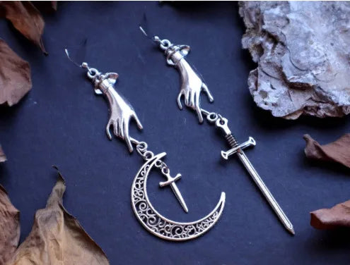 Vintage Gothic Hollow Moon Sword Hand Pendant Earrings SCARLET DARKNESS