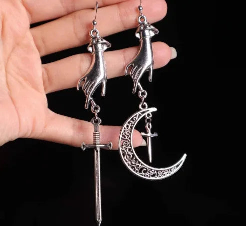 Vintage Gothic Hollow Moon Sword Hand Pendant Earrings SCARLET DARKNESS