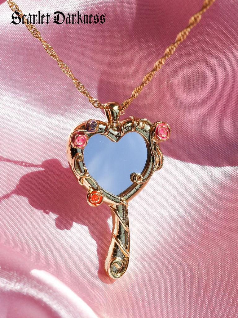 Vintage Heart Mirror Pendant Charming Necklace Sleeping Beauty SCARLET DARKNESS