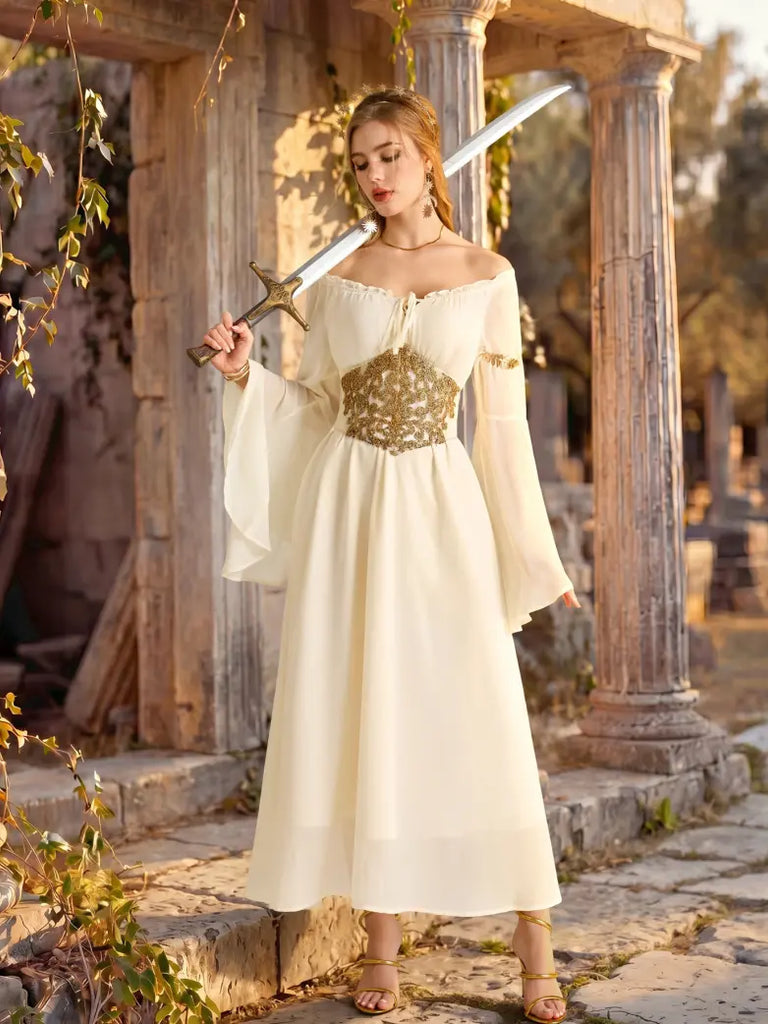 long sleeve renaissance dress Scarlet Darkness Women's Off Shoulder Bell Maxi Dress Color:Rustic Grey Style Season Description:WINTER 2024 DELIVERY 2 The lacing allows you Sexy White Dresses -
