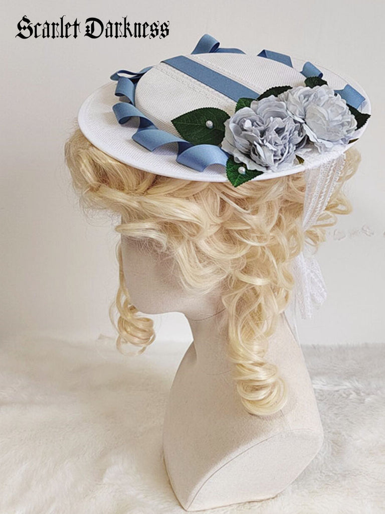 Victorian Women White Flat Hat Floral Blue Bow Tea Party Hat SCARLET DARKNESS