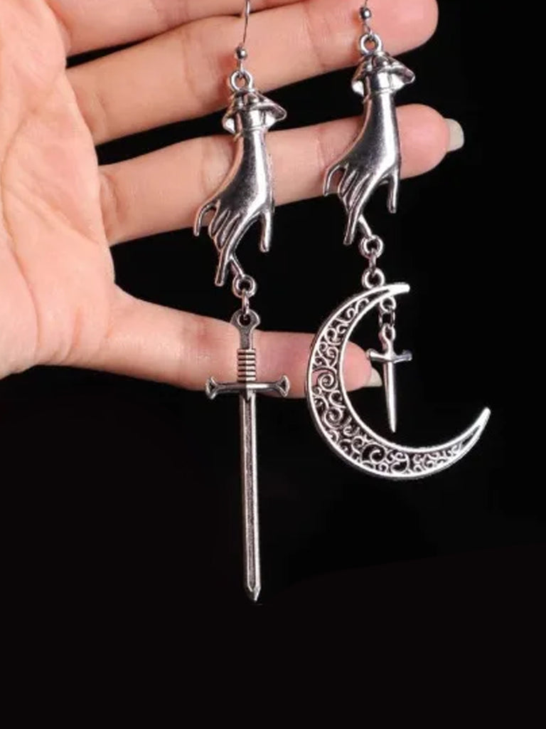 Vintage Gothic Hollow Moon Sword Hand Pendant Earrings SCARLET DARKNESS