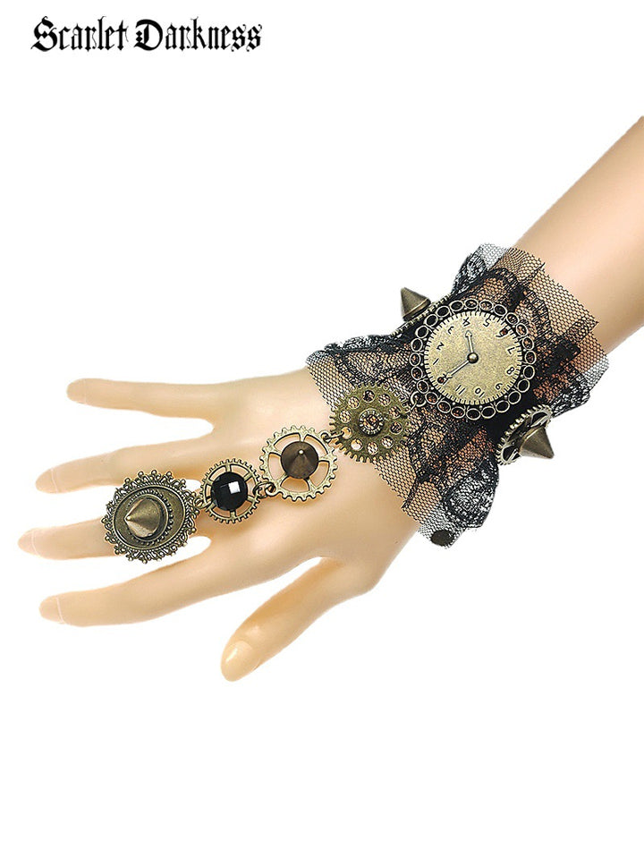 Scarlet Darkness Fierce and Feminine Hollow Gear Steampunk Skull Lace Bracelet