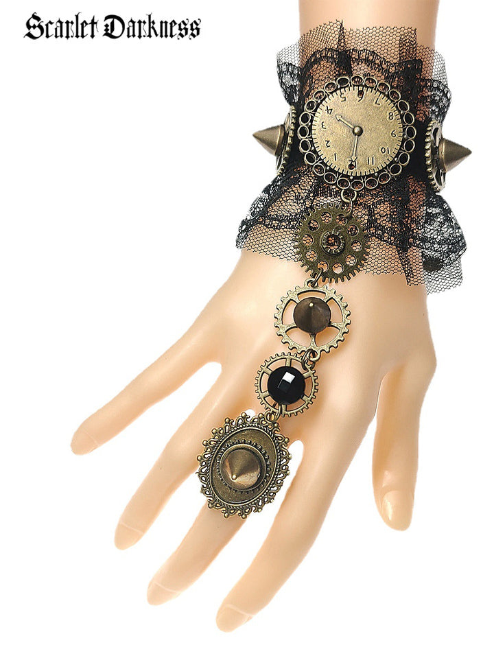 Scarlet Darkness Fierce and Feminine Hollow Gear Steampunk Skull Lace Bracelet