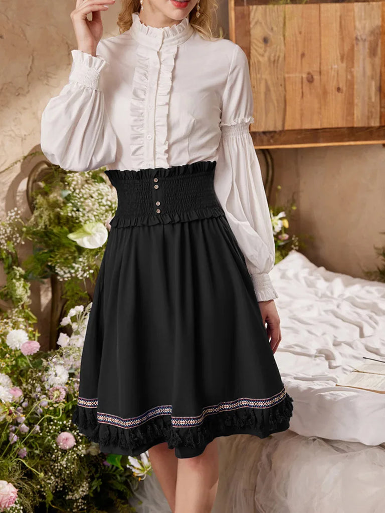 Women Smocked Waist Tassel Decorated Flared Skirt SCARLET DARKNESS