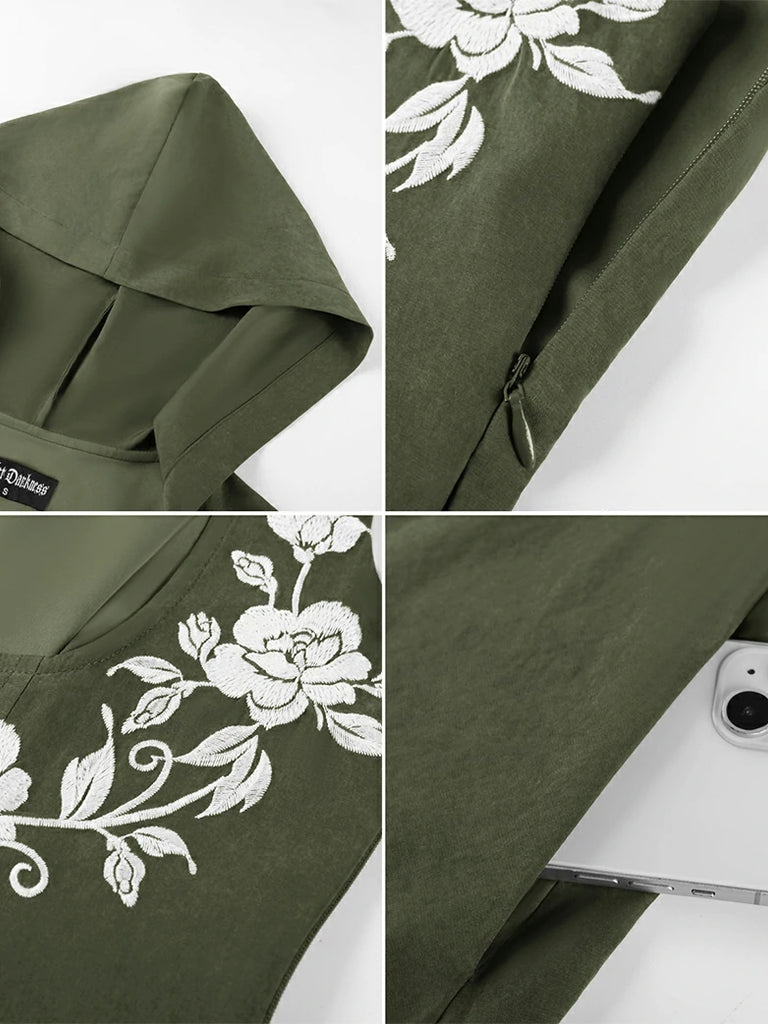 Scarlet Darkness Renaissance Warrior Rose-embroidered Hooded Vest Dress