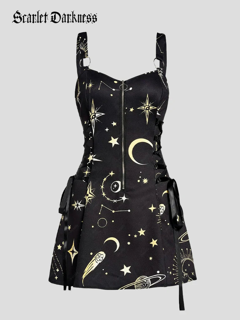 Scarlet Darkness Women's Gothic Print Suspender A-Line Dress Golden