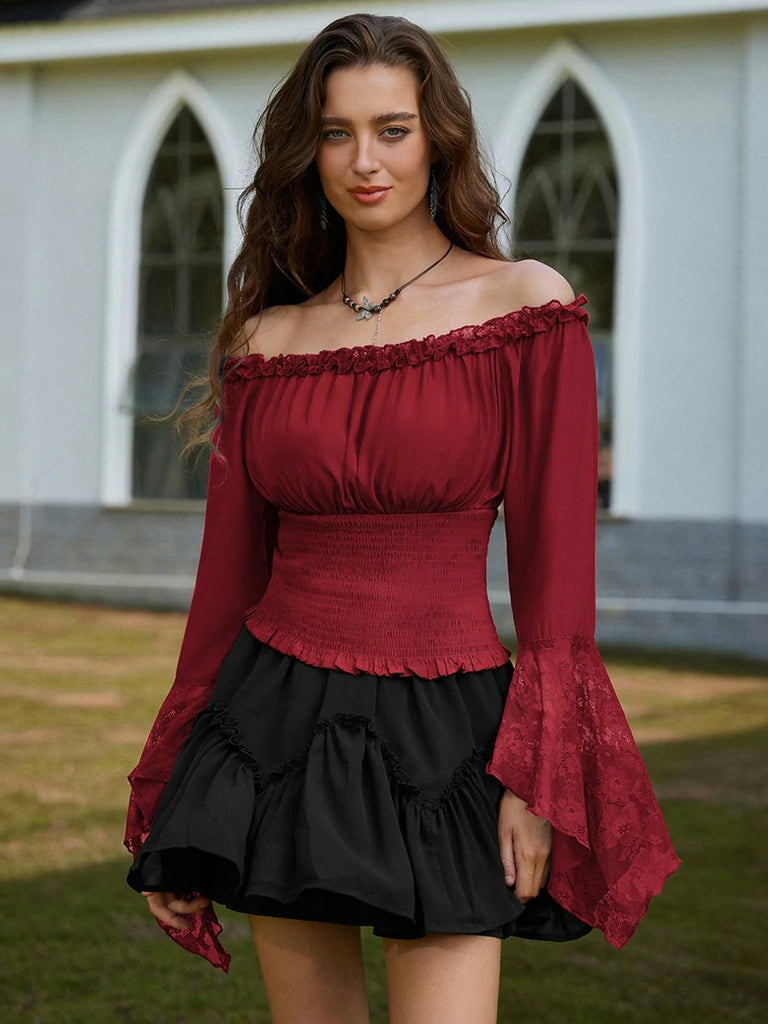 Scarlet Darkness Women Off Shoulder Wide Lace Sleeves Pullover Tops