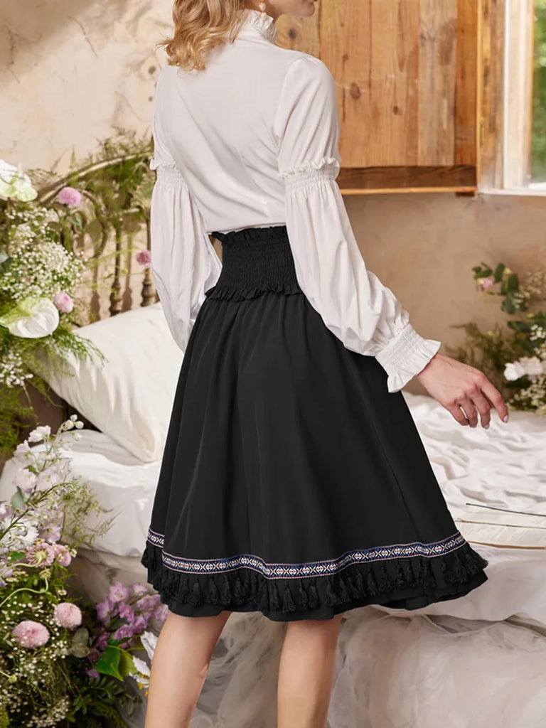 Women Smocked Waist Tassel Decorated Flared Skirt SCARLET DARKNESS