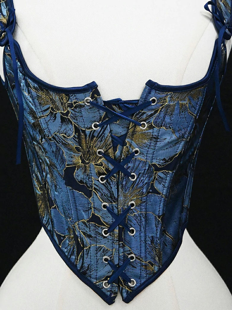Scarlet Darkness Royal Blue Victorian Jacquard Corset with Lace up Navy blue