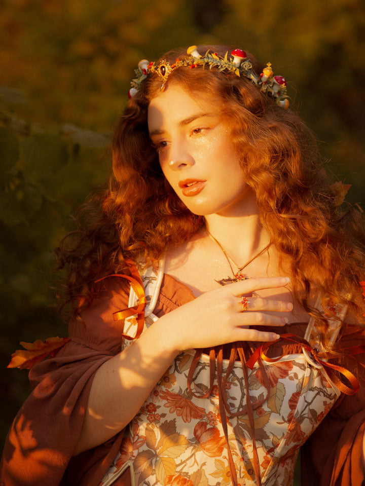 Scarlet Darkness Cottage Fairy Wreath Mushroom Headpiece with Pendant