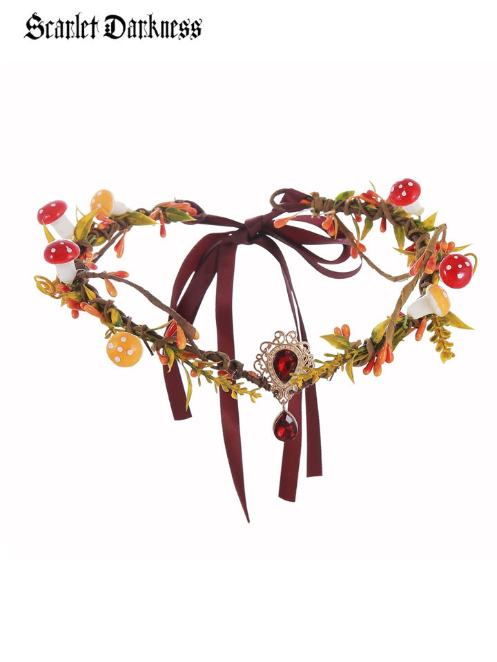 Scarlet Darkness Cottage Fairy Wreath Mushroom Headpiece with Pendant 1