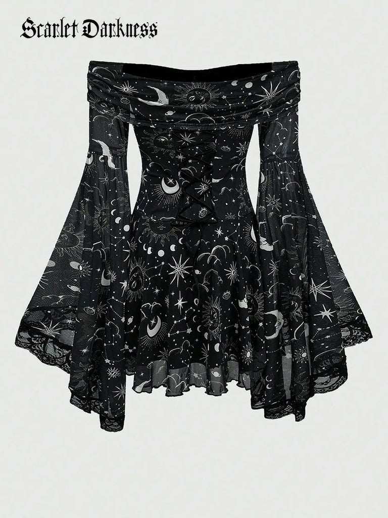Scarlet Darkness Gothic Whimsical Off Shoulder Bell Sleeve Dress