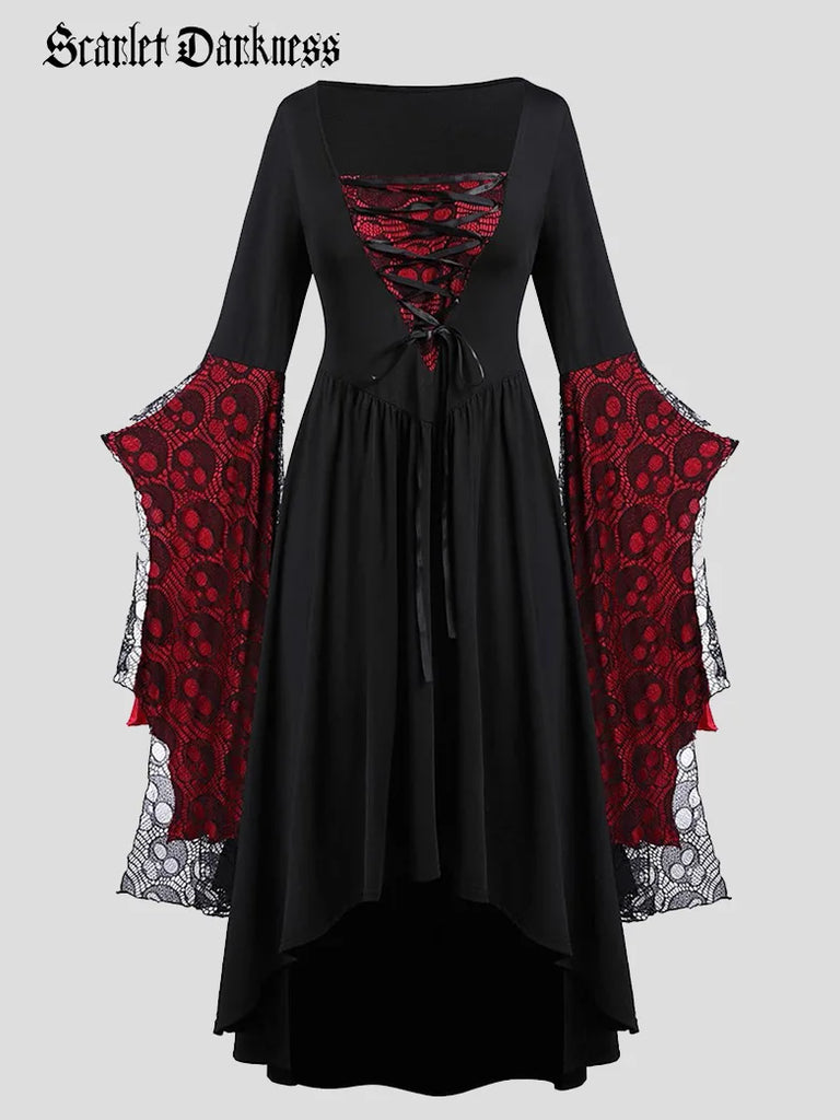 Gothic Halloween Skull Dress Bat Sleeve Irregular Dress SCARLET DARKNESS