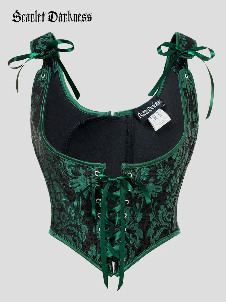 Scarlet Darkness Renaissance Jacquard Under bust Corset for Fairy Cosplay Dark green