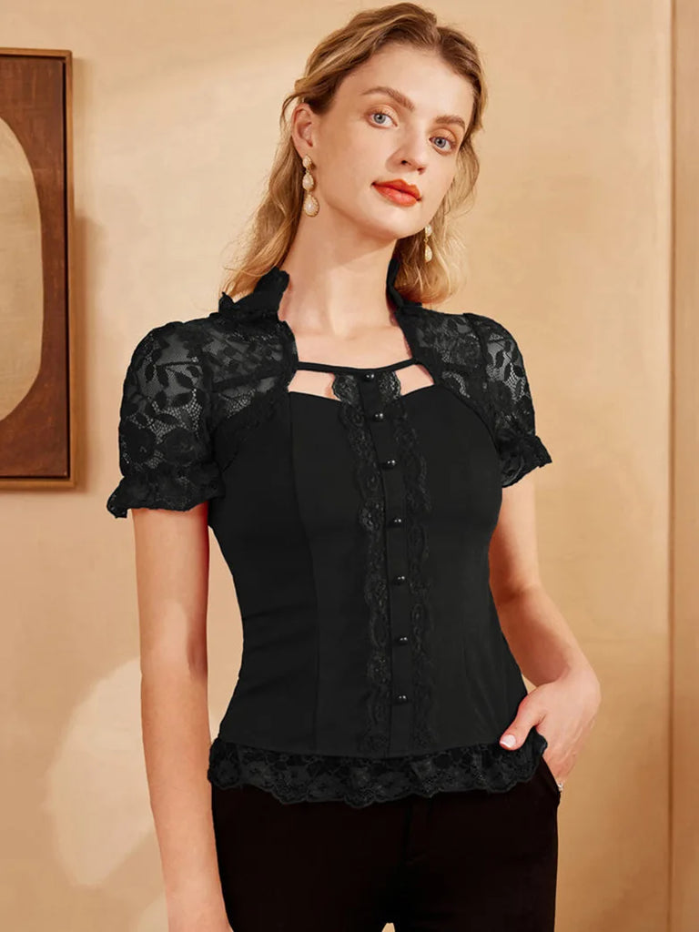 Lace Patchwork Button Decorated Stand Collar Tops SCARLET DARKNESS