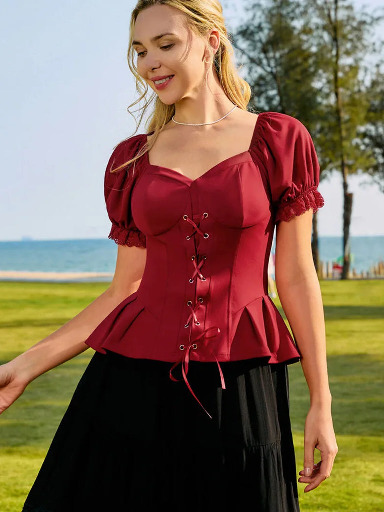 Sweetheart Neck Puff Sleeves Cross Straps Blouse SCARLET DARKNESS