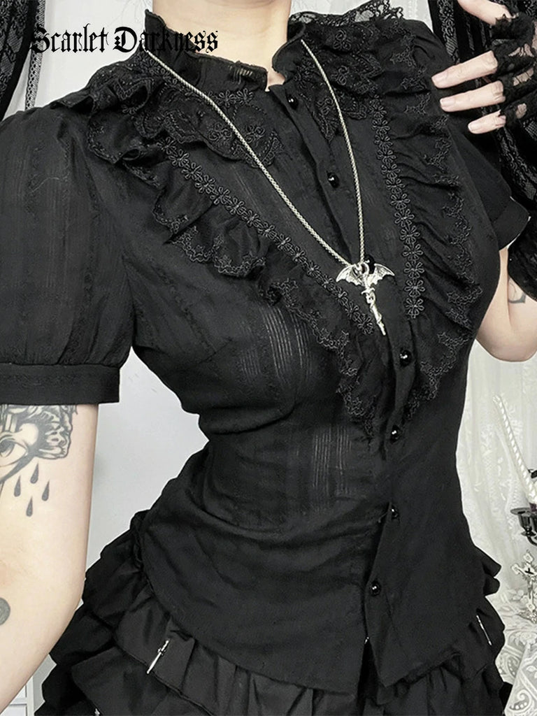 Scarlet Darkness Women Gothic Jacquard Textured Short-sleeved Shirt Black