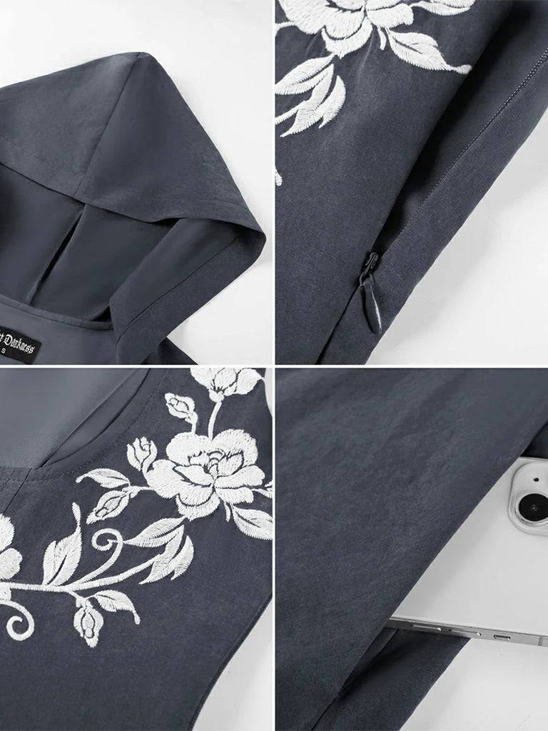 Scarlet Darkness Renaissance Warrior Rose-embroidered Hooded Vest Dress