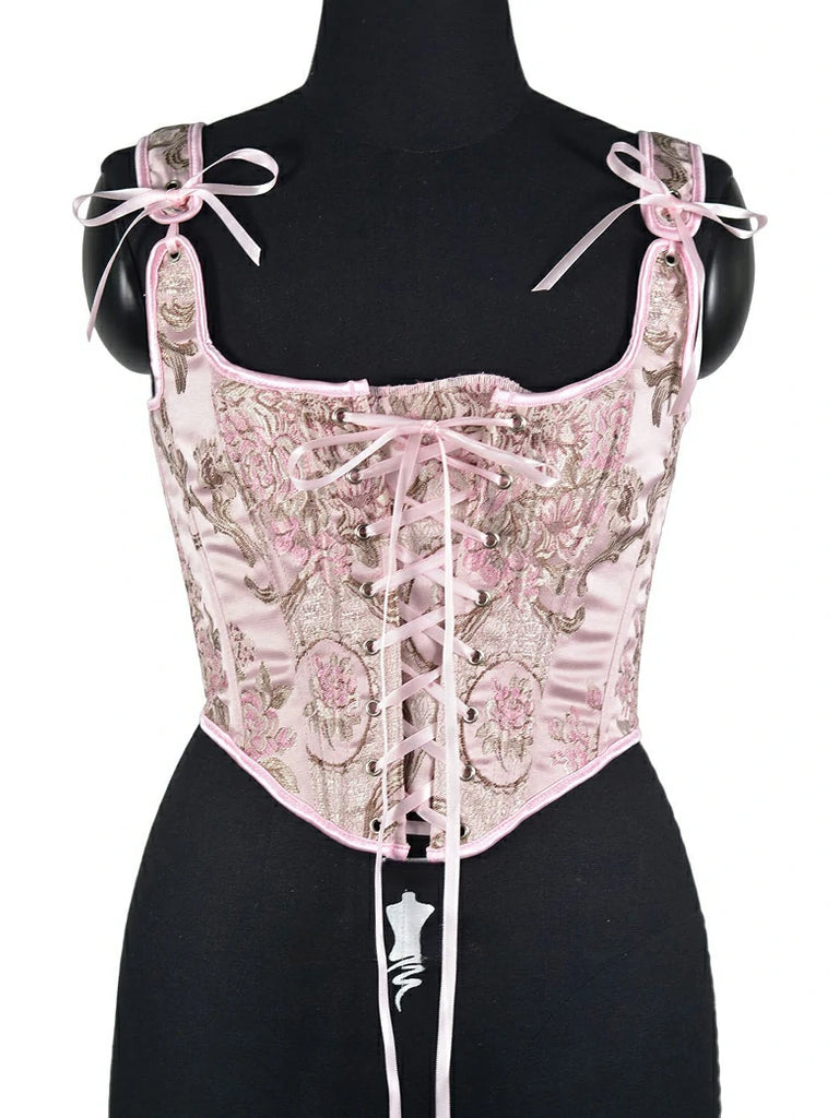 Scarlet Darkness Royal Blue Victorian Jacquard Corset with Lace up Pink