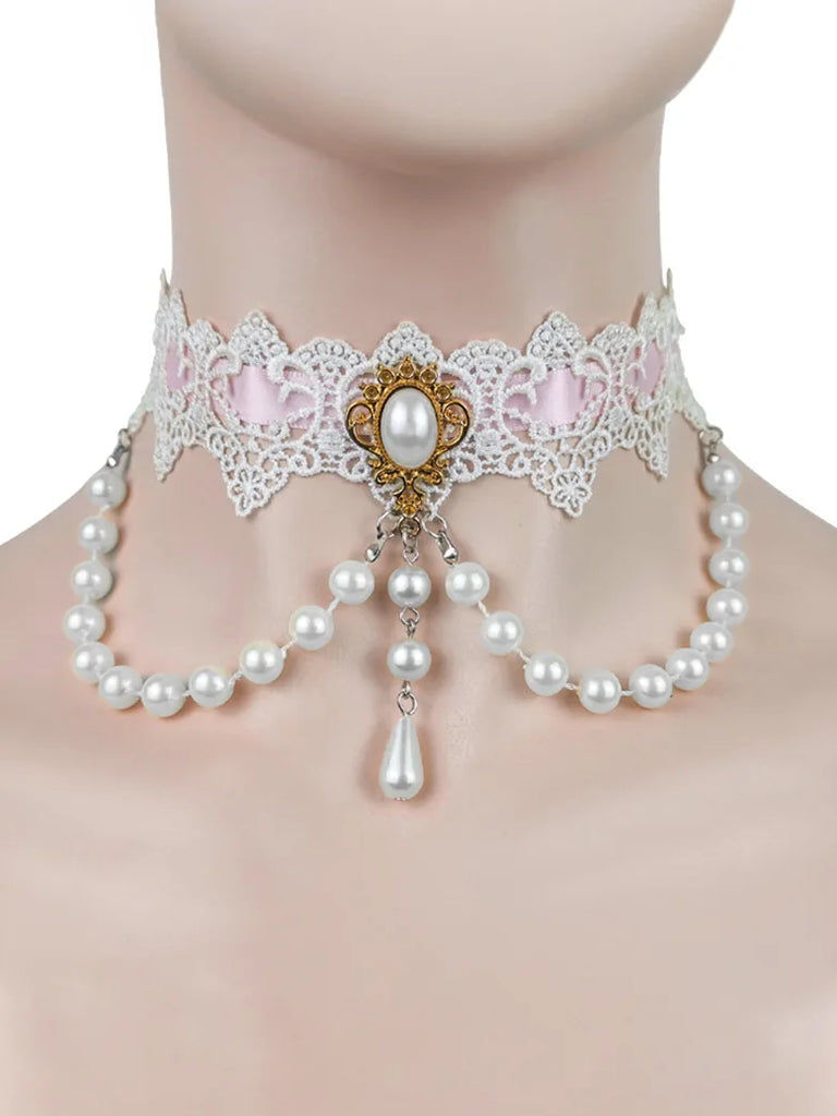 Scarlet Darkness Classic Victorian Pearl and Lace Pink Choker SCARLET DARKNESS