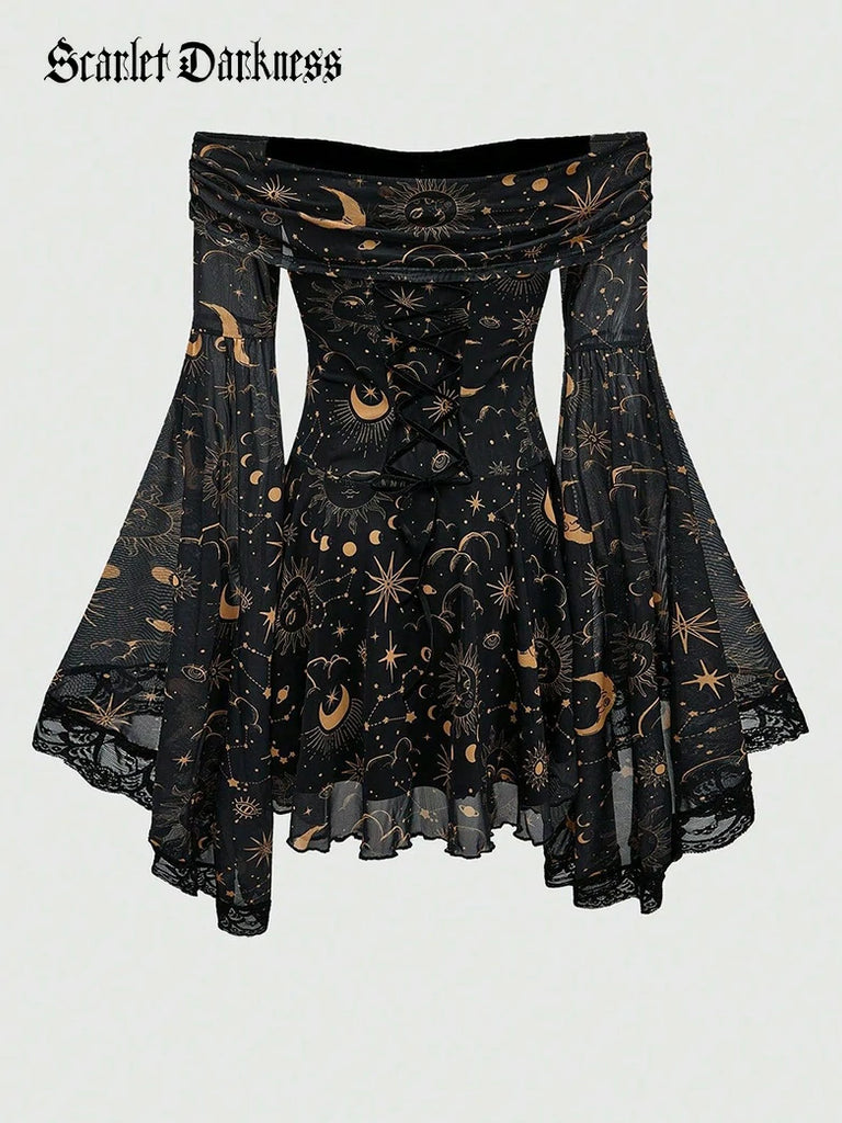 Scarlet Darkness Gothic Whimsical Off Shoulder Bell Sleeve Dress