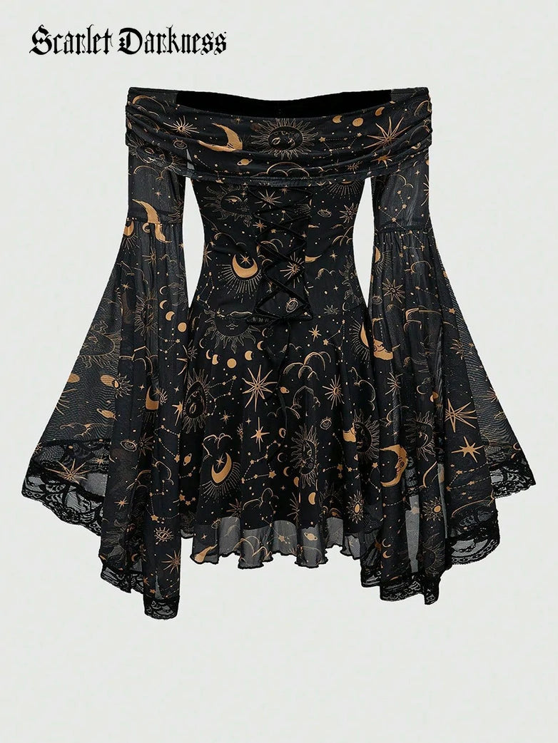 off shoulder goth dress Gothic Whimsical Bell Sleeve Witch while the off Size:Size 8 50OFF300 Fresh Focus Burgundy Floral