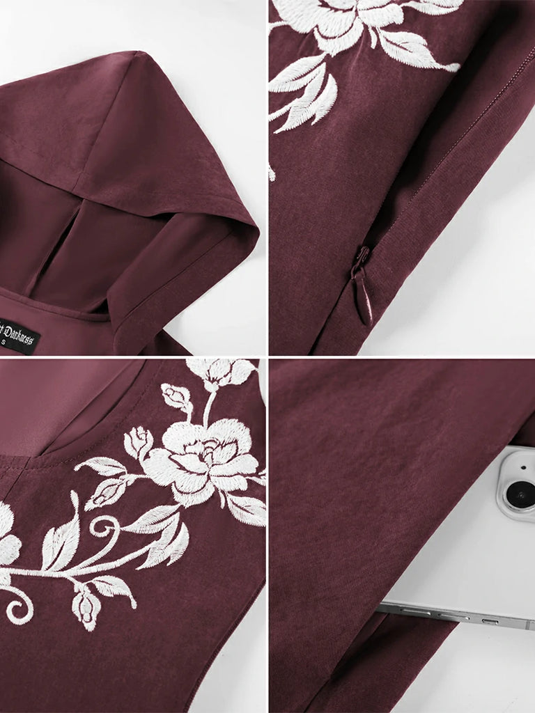 Scarlet Darkness Renaissance Warrior Rose-embroidered Hooded Vest Dress