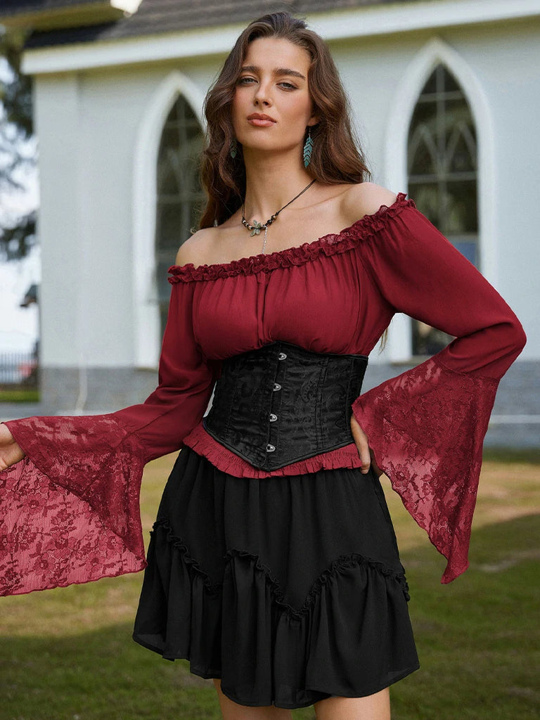 Scarlet Darkness Women Off Shoulder Wide Lace Sleeves Pullover Tops