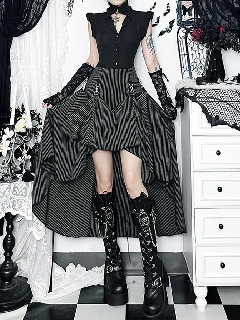 Scarlet Darkness Women Punk High-Low Striped Midi Witch Skirt
