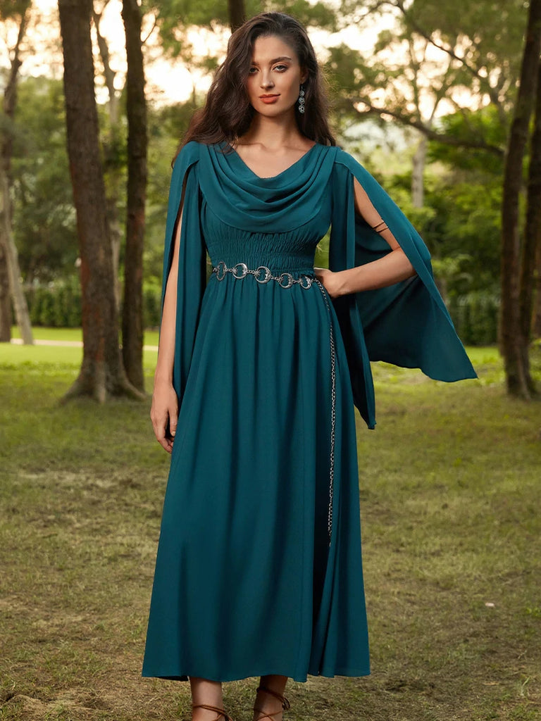 Scarlet Darkness Renaissance Fairy Slit Sleeve Draped Neck Pockets Dress