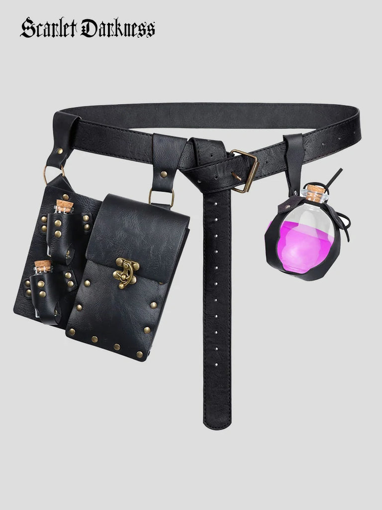 Scarlet Darkness Medieval Viking Knight Faux Leather Waist Bag Belt Set 4-piece set-Black F